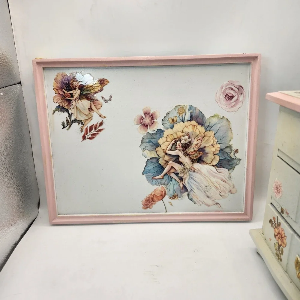 Vintage Fairy Jewelry Music Box 3 Drawer Chest and Matching 12in Vanity Tray Set